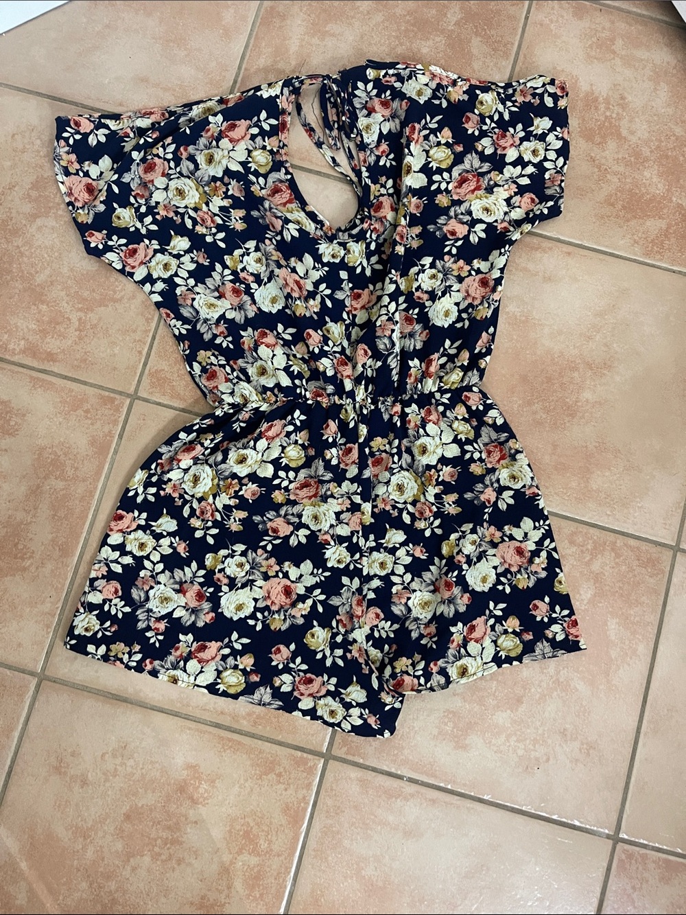 Women’sNavy Floral One-Piece Romper - Cute Summer Open Shoulder